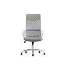 The Silla Economalla Gris is a sleek, modern office chair featuring a high backrest, light green and gray mesh two-tone cushion, white armrests, and a chrome base with five wheels.
