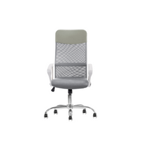 The Silla Economalla Gris is a sleek, modern office chair featuring a high backrest, light green and gray mesh two-tone cushion, white armrests, and a chrome base with five wheels.