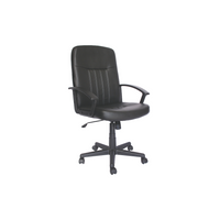 The Ecogerencial is a black leather office chair equipped with armrests and a high backrest. It includes a five-wheel base for mobility and an adjustable height lever on the side.