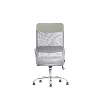 The Silla Economalla Gris features a gray mesh backrest, light gray headrest, and chrome base with five wheels, viewed from the front.