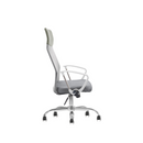 The Silla Economalla Gris features a side view of a gray fabric seat and backrest, white armrests, and a green headrest, all set on a chrome base with five rolling wheels and an adjustable lever against a plain white backdrop.