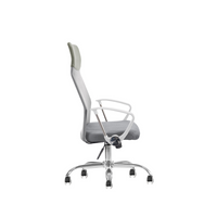 The Silla Economalla Gris features a side view of a gray fabric seat and backrest, white armrests, and a green headrest, all set on a chrome base with five rolling wheels and an adjustable lever against a plain white backdrop.