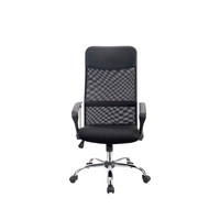 The Silla Economalla is a black office chair with a mesh backrest, cushioned seat, armrests, and a chrome base featuring five wheels for easy mobility, set against a white background.