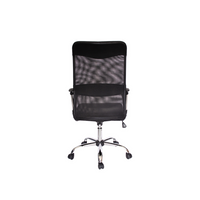 The Silla Economalla is a black swivel office chair featuring a mesh backrest and seat, armrests, and a chrome base with five caster wheels, seen from the back.