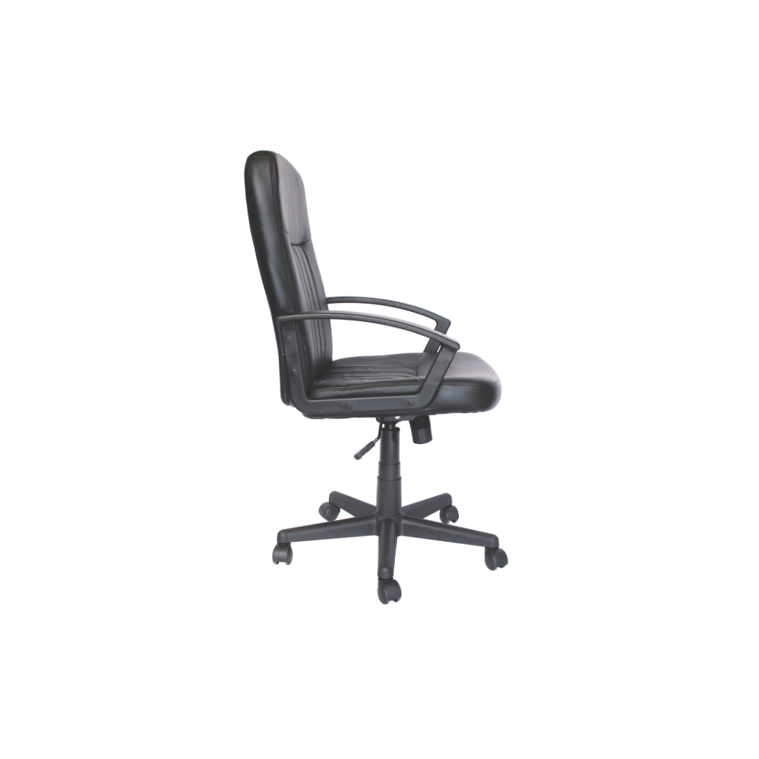 Side view of the Ecogerencial black office chair featuring a padded seat and backrest, armrests, an adjustable height lever, and a five-wheel base.